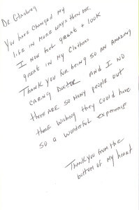 Hand written patient testimonial