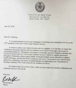Letter for Dr. Glasberg from Mayor Bill de Blasio