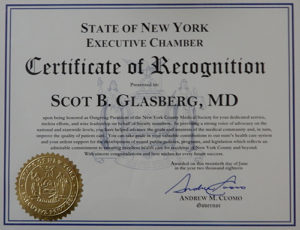 State of New York Certificate of Recognition Award Presented to Scot B. Glasberg, MD